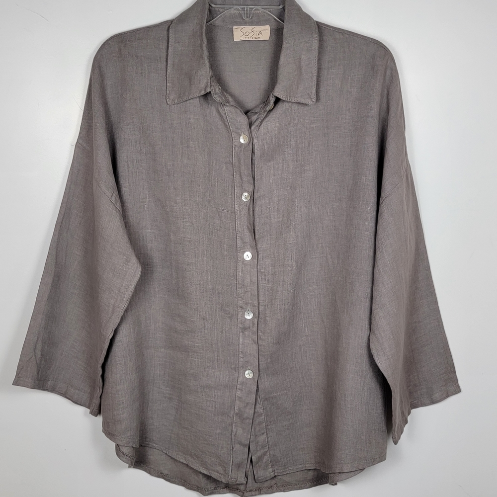 Sofia Italian Made 100% Linen Button Down Top with Button Down Back Detail, sz L